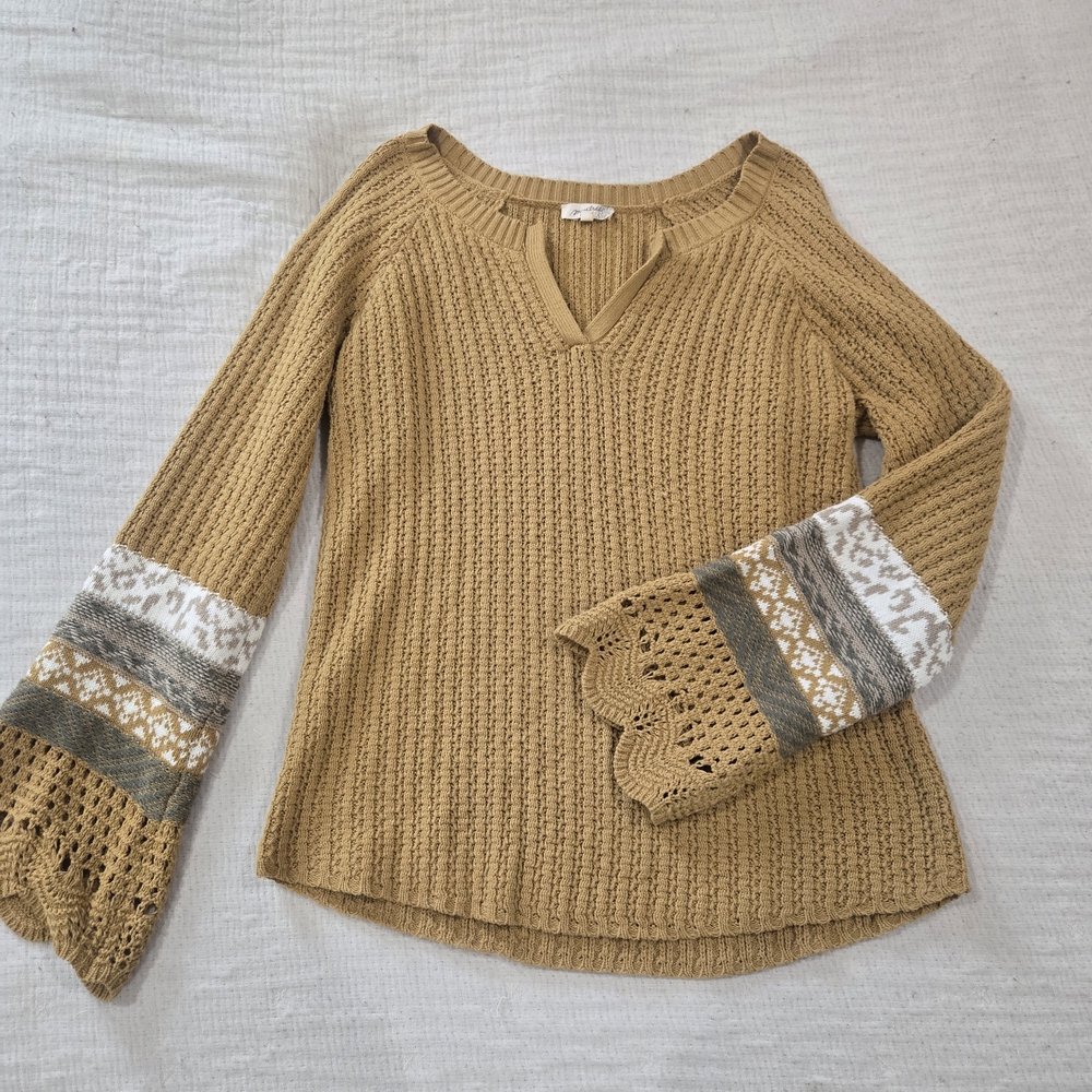 Mystree Mustard V-Neck Sweater with Crochet Sleeves